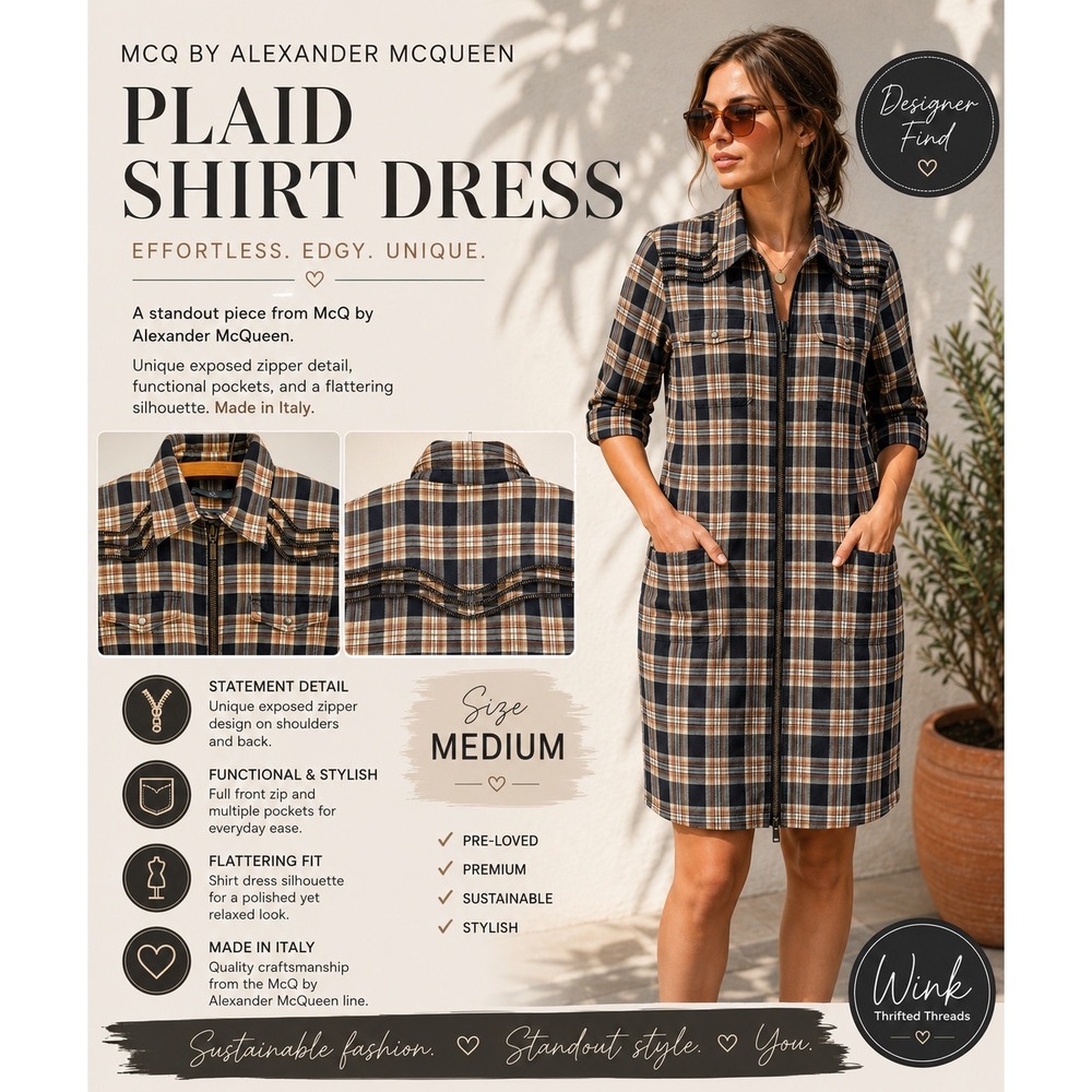 McQ Alexander McQueen Plaid Shirt Dress Tan Navy Blue Zipper Detail IT 42 Medium